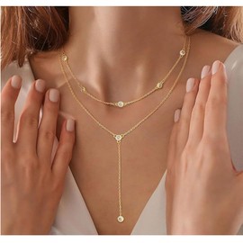 TACBSP Gold Lariat Necklace for Women Layered Beaded Y Shaped Body Chain Gold Cross Layered Link Necklace Minimalist Charm Jewelry Gifts for Women (Bead2)