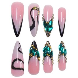 Long Stiletto Press on Nails French Tip False Nails Almond Fake Nails with Green Rhinestones Charm Artificial Nails Glossy Stick on Nails Cute Glue on Nails for Women 24pcs