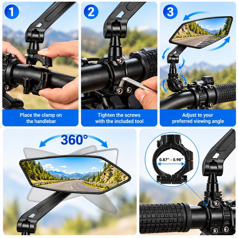 Adjustable Bicycle Rearview Mirror for Handlebar Mounting – Wide-Angle Rear