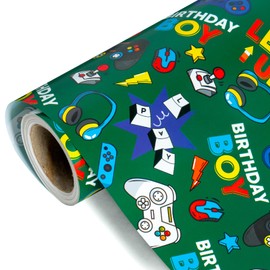 WRAPAHOLIC Gaming Wrapping Paper Roll - Mini Roll - 17 Inch x 9.8 Feet - Green Gaming Boys Kids Happy Birthday Wrapping Paper for Boys Kids Birthday, Baby Shower, Party