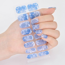 SILPECWEE Semi Cured Gel Nail Strips (Azure Ocean - 16 PCS), French, Rainbow Gel Naisl Stickers Full Nail Wraps Need UV Light, Salon Quality & Easy to Use - with Prep Pads, File, Wood Stick