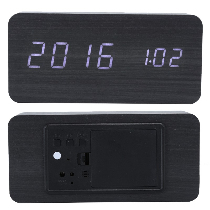 LED Wooden Alarm Clock Electronic Voice Control Temperature Date Table