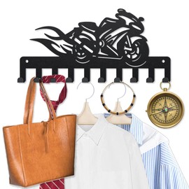 MAYJOYDIY Metal Motorcycle Coat Hook 40 x 25 cm Burning Exhaust Racing Car Wall Mounted Key Rack 10 Hooks Black Art Key Holder for Hanging Coats Hats Towels Bags