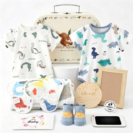 UBERMing Gift for a birth boy, baby gift set for boys and girls with 2 baby rompers, 1 bib, socks, muslin cloths, milestone cards, footprint, stamp pad, picture frame, decision coin
