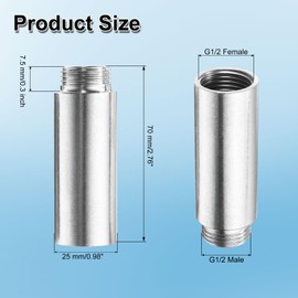 sourcing map Shower Head Extension Arm 70mm Length 201 Stainless Steel Shower Head Extender G1/2 Male to G1/2 Female Thread Straight Pipe Fitting Pipe Extension for Bathroom, Silver Tone