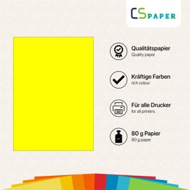 Made in the EU, 50 sheets of coloured paper, neon yellow, A4, 80 g/m², CS paper, printer paper, copy paper, universal paper for printing, crafts and folding in DIN A4 format, paper for home and office