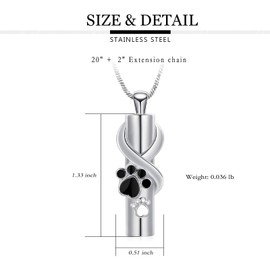 QGJNSGC Urn Necklace for Ashes for Dog/Cat Pet Paw Print Cylinder Ash Pendant Memorial Keepsake Pet Cremation Jewellery (Silver)