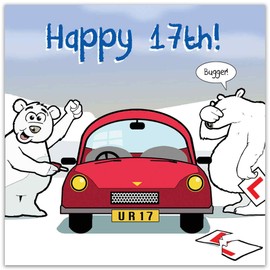 Twizler Funny Birthday Card with Polar Bear, Car and Ripped Learner Plates – 17th Birthday Card – Humour Card - Age 17 Birthday Card - Funny Card