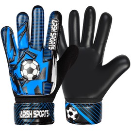 Arsh Sports Soccer Goalie Gloves for Kids,Goalkeeper Gloves for Youth Boys Girls 4MM Latex Palm,Anti Slip,Super Gip Double Wrist Protection (Black-Blue, Size 6 Suitable for 13 to 15 Years Old)