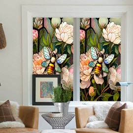 Stained Glass Window Film Privacy Frosted Window Film Self Adhesive Floral Bee Window Privacy Film Decorative Window Stickers Static Cling UV Blocking for Home Office Bathroom