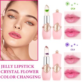 WENJLYJ 2PCS Crystal Flower Jelly Lipstick,Clear Lipstick with Flower Inside Magic PH Temperature Color Changing Lipstick Tinted Lip Balm,Long Lasting Waterproof Moisturizing Lip Gloss Set(05+06)