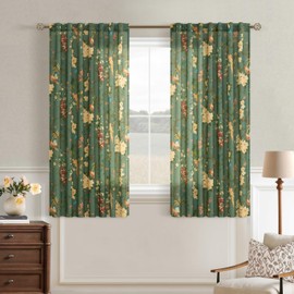 Dark Green Linen Floral Bird Short Kitchen Curtains Back Tab 54 Inch Length 2 Panels Sheer Light Filtering Boho Cottage Farmhouse Flower Printed Window Drapes for Cafe Laundry Room Olive Green