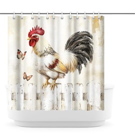 Rasrantyed Rustic Farmhouse Rooster Shower Curtain, Country Style Chicken on Fence with Butterflies Design, Polyester Fabric 72x72'' with Hooks
