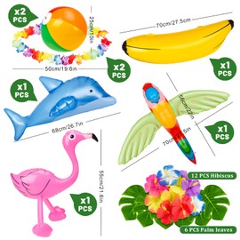 Whaline 31pcs Hawaiian Party Toys Set Inflatable Flamingo Palm Trees Beach Ball Banana Dolphin Parrot with Palm Leaves Hibiscus Leis Luau Flower Necklace for Hawaii Summer Beach Pool Party Supplies