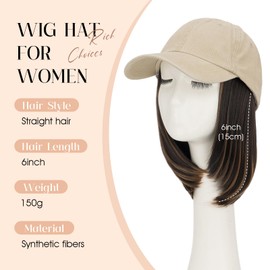 Rich Choices Hat Wigs for Women,Khaki Baseball Cap with Hair Extensions for Women,Short Bob Hairstyle Caps with Hair Attached Adjustable Baseball Cap Wig 6 Inch Highlighted Dark Brown Hair