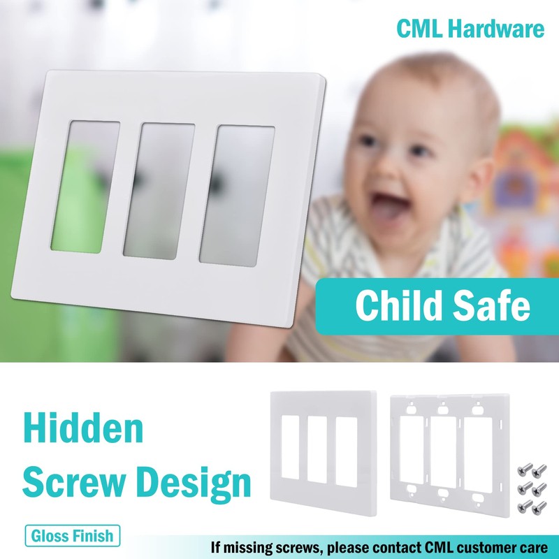 CML 3-Gang Screwless Decorator Wall Plate, 2 Pack Light Switch