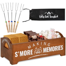 Smores Kit, S'Mores Station with 5 Extendable Marshmallow Roasting Sticks, Farmhouse Smores Caddy with Handles, Wood Smores Maker Box, Camping Bonfire Accessories, Smores Kit for Fire Pit Outdoor