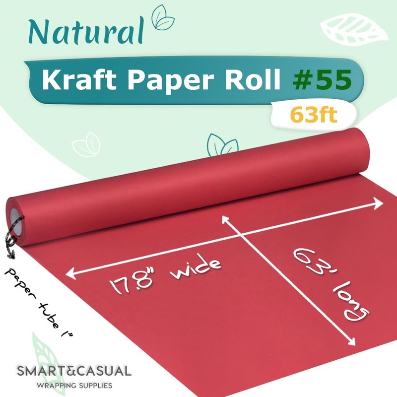 SMART&CASUAL 17.8" x 760" (63') Red Kraft Craft Paper Roll