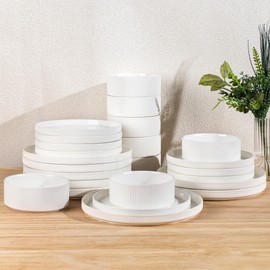 TheTerra Ceramic Dinnerware Sets for 8, 24 Pieces Porcelain Lightweight Plates and Bowls Sets, Scratch Resistant Dish Set, Oven & Microwave & Dishwasher Safe, Bright White