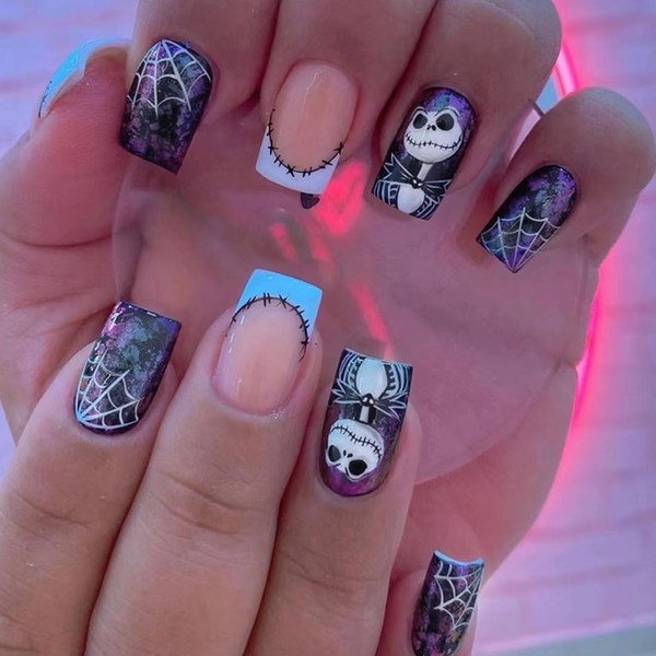 24 Pcs Press on Nails for Women with Halloween Design,