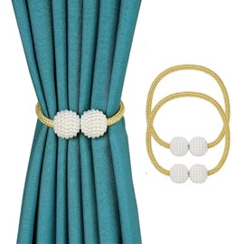 Magnetic Curtain Tiebacks 2 Pack Pearl Curtain Drapes Clips Rope Holders for Home Office Decorative(Golden)