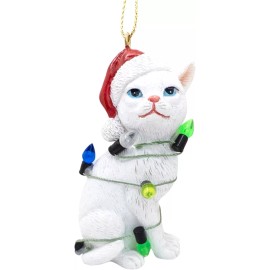 December Pets White Tabby Cat Christmas Tree Ornament with Santa Hat Wrapped in Christmas Tree