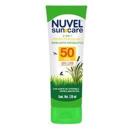 Nuvel Bloqueador Solar Facial y Corporal SunCare FPS 50 con Repelente de Mosquitos, Amplio Espectro, 120 ml | Protector Solar para Piel Grasa y Uso Diario