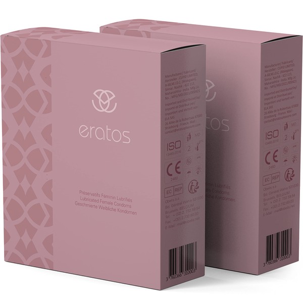 ERATOS - Women's Condoms, Female Condom - With Patented Insertion Pin - Latex of Natural Origin Odourless - Water-based Lubricant - CE Standard - Pack of 4 Condoms for Women