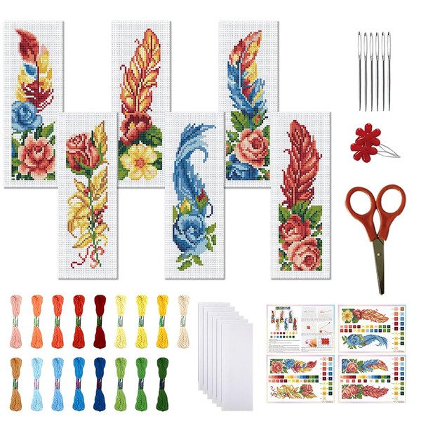 FREEBLOSS Set of 6 Cross Stitch Bookmark Sets Feather Pattern