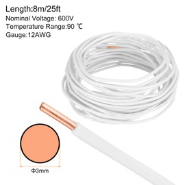 sourcing map 25 Feet Electrical Wire Insulated Solid Copper 12 AWG Hook Up Wire Cable THHN Wire Residential, Industrial, Grounding, Electrical Rated for 600 Volts, UL listed, White