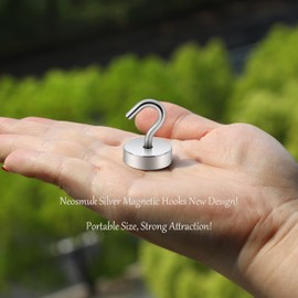 Neosmuk Magnetic Hooks,40lb Large Opening Hook CNC Machined Base,Ideal for Cruise,Grill,Towel,Kitchen Indoor Hanging (Silvery White,Pack of 6)