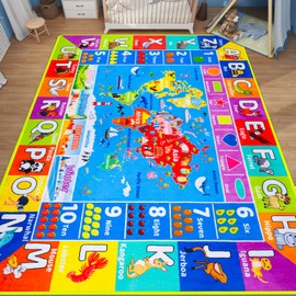 World Map ABC Kid Rug for Playroom 110"×78.7" Geography Classroom Play Rug Educational Baby Playmat Alphabet Rug for Primary School Fluffy Non-Slip Preschool Rug Nursery Room Elementary Learning