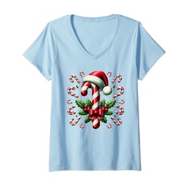 Womens Christmas Candy Cane Crew Lights Red and White Candy Costume V-Neck T-Shirt