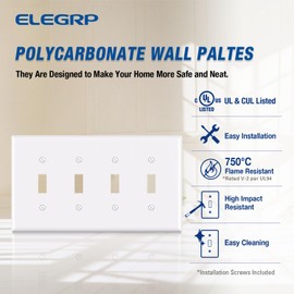 ELEGRP 4-Gang Toggle Switch Wall Plates, Mid-Size 4.88" H x 8.57" L Unbreakable Thermoplastic Faceplate Cover for Toggle Dimmer Light Switches, UL Listed (1 Pack, Glossy White)