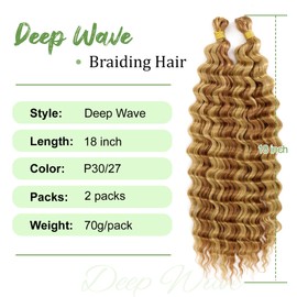 Eerya Long Curly Braiding Hair 18 Inch 2 Packs Deep Ocean Wave Crochet Hair for Black Women Deep Wave Braiding Hair for Boho Braids (18 inch, P30/27)