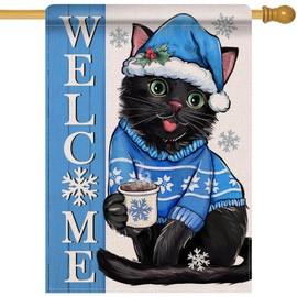 Artofy Welcome Winter Black Cat Large Decorative House Flag, Christmas Pet Snowflake Yard Garden Outside Decor Cat Lover Gifts, Seasonal Farmhouse Burlap Outdoor Home Decoration Double Sided 28 x 40