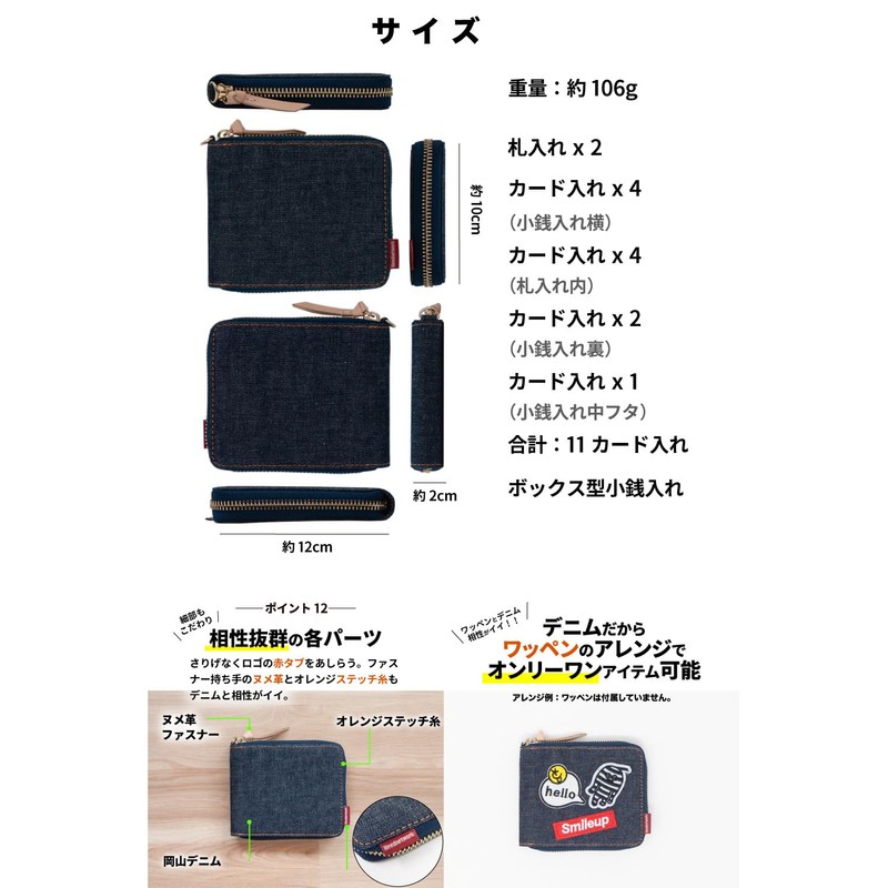 Need Network Okayama Denim, Bifold Wallet, Round Zipper, Men's, Box-Shaped