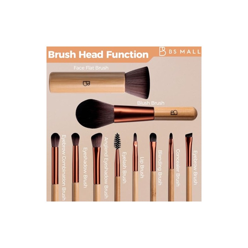 Travel Makeup Brush Set BS-MALL 10 Pcs Professional Bamboo -