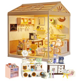 Loyratche DIY Miniature House Kit Plastic House Building Toy Set with Roof & 2 Doors, Mini Dollhouse Kit with LED for Mini Figures Construction Toys Diorama Kit Gifts for Teens Adults (Happy Cat Pet)