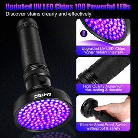 ANYGO UV Flashlights - 100 LED 395nm Black Light and 3W Mini 365nm UV Pocket Pen Flashlight, Pet Urine & Stain Detector for Dog/Cat, Bed Bugs, Scorpions, Dry Stains (2 Pack)