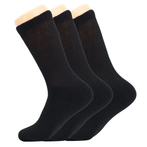 Diabetic Crew Socks with Non Binding Top Cushion Dress Socks Made in USA (10-13, Black, 3 Pairs)