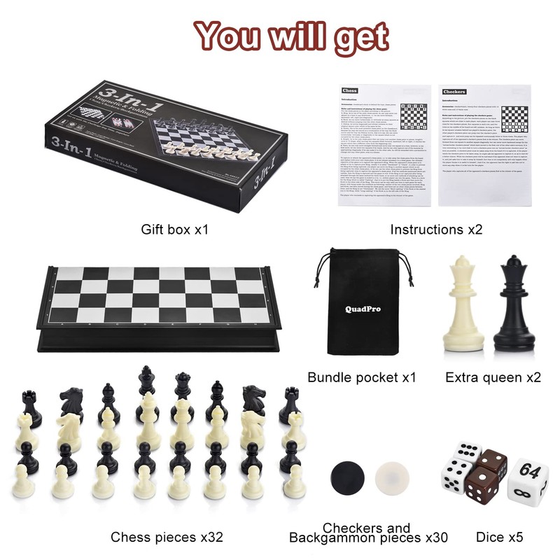 QuadPro 3 in 1 Magnetic Chess Checkers Backgammon Board Game