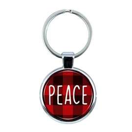 Peace Christmas Red Plaid Pocelain Keychain with Epoxy Dome and Metal Keyring