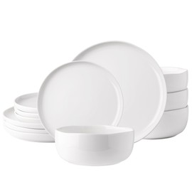 Ceramic Dinnerware Sets,Handcraft Wavy Rim Stoneware Plates and Bowls Sets,Highly Chip and Crack Resistant | Dishwasher & Microwave & Oven Safe Dishes set,Service for 4 (12pc)-White &Wave