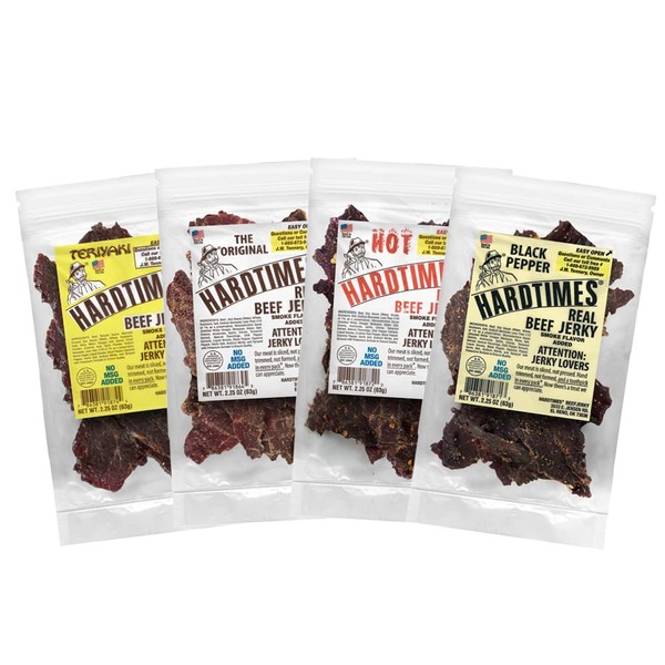 Hardtimes Handcrafted Beef Jerky - Variety Flavors - 4 Pack of 2.25 oz. Bags