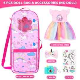 18INDC Unicorn Storage Doll Bag Playset for 18 Inch Dolls - 5PCS Bundle with Rainbow Dress, Hair Clip, Camera, Stickers & Fashion 18 Inch Doll Carrier Bag | Perfect for 18" Doll Accessories