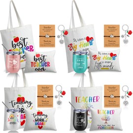 Nitial 4 Set Teacher Gifts Teacher Appreciation Gifts 12oz Stainless Steel Tumbler Makeup Bags Canvas Tote for Teachers(Black, White, Rose Gold, Lake Blue)