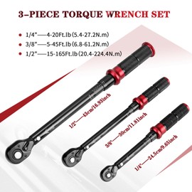 AEROFORCE 1/4 & 3/8 & 1/2-inch Drive Click Torque Wrench, 3Pcs Torque Wrench Set 4-20Ft.lb, 5-45Ft.lb, 15-165Ft.lb 72-Tooth Dual Scale for Bike, Moto, Car Repair