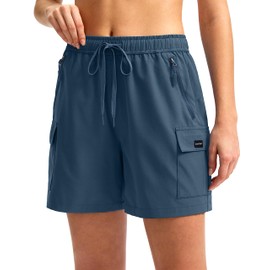 SANTINY - Pantalones cortos de senderismo para mujer, de secado rápido, ligeros, para verano, viajes, golf, con bolsillos con cierre, Azul (Dusty Blue), M