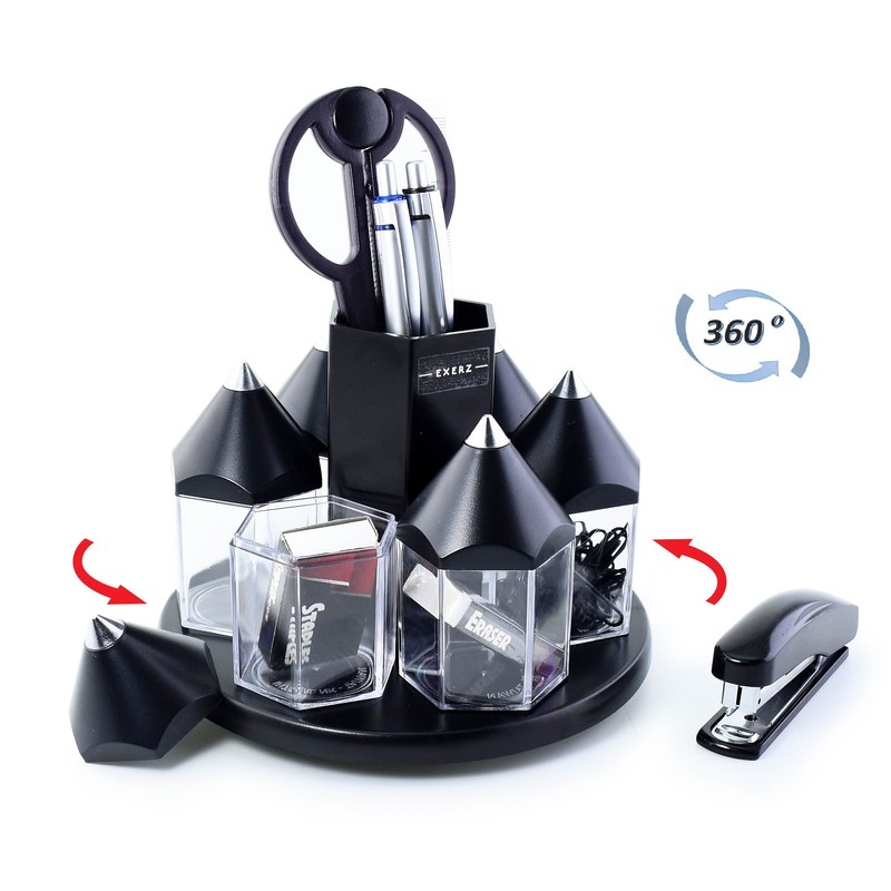 EXERZ Black Desk Organiser, Rotating Pen Tidy with 5 Accessory